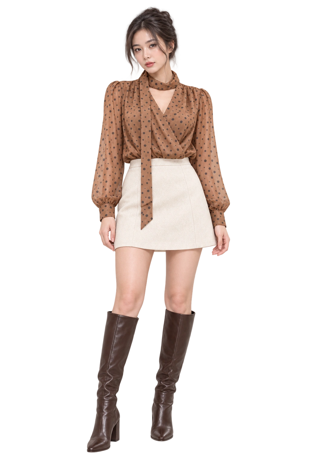 Model in a cinnamon dotted wrap blouse, cream mini skirt and espresso knee-high boots