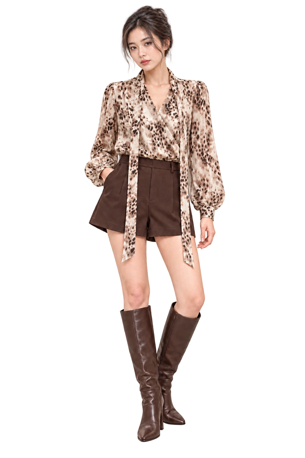 Model in an ivory leopard-print wrap blouse, chocolate tailored shorts and brown knee-high boots
